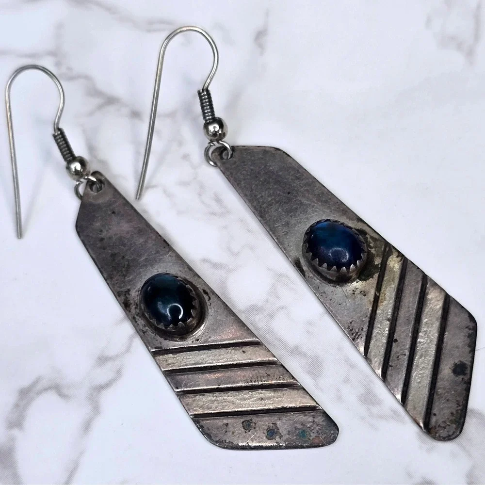 Vintage Gary Custer GSC Navajo Sterling Silver Opal Dangle Earrings Signed 8.3g